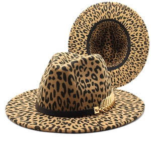 Leopard Print Fedora Hat Woolen Felt Wide Brim Jazz Cap With Belt Decor Fashion Retro For Men Women