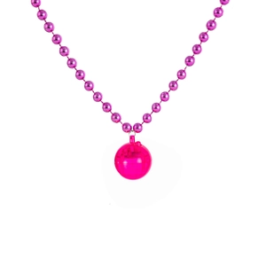 Close-up of vibrant pink disco pendant with purple beaded chain for retro party jewelry