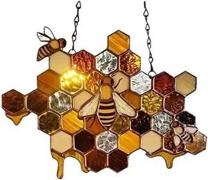 Acrylic bee and honeycomb suncatcher ornament with hanging chains for window decor