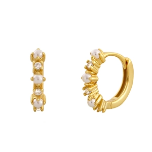 Elegant gold earrings with pearls and clear gemstones shown from front and side angles