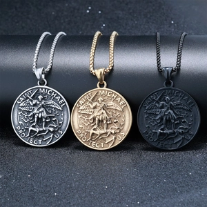Saint Michael Archangel Medal Necklace Stainless Steel Round Pendant Religious Viking Retro Jewelry For Men Women