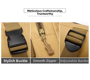 Detailed views of durable khaki nylon tactical chest bag with buckles and metal zippers