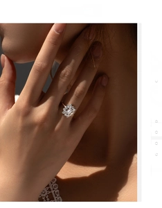 Detail of a luxury S925 sterling silver ring with sparkling floral cluster design on hand