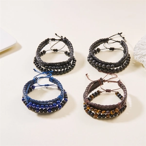 Men's multilayer braided leather bracelet set with natural tiger eye and onyx beads
