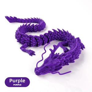 Detailed close-up of a purple 3D printed Chinese dragon with flexible articulated joints