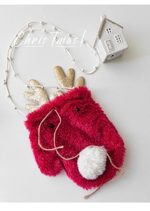 Detail of red plush reindeer Christmas gift bag with gold antlers and pearl strap
