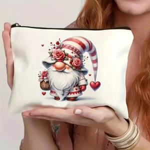 Detail of canvas pouch featuring a festive gnome with pink roses and zipper closure