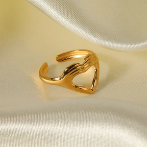 Golden stainless steel open ring with creative double hand heart design on satin