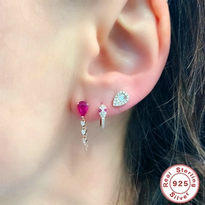 Real S925 sterling silver chain earrings with red pear-shaped teardrop zircon crystals
