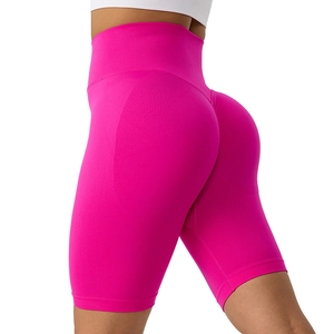 High-waisted rose red scrunch butt yoga shorts for women in a seamless athletic fit