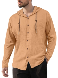 Detailed close-up of men's ginger hooded cotton shirt with textured linen-like fabric
