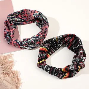 Close-up of Bohemian style twisted headbands with ethnic prints and wave patterns