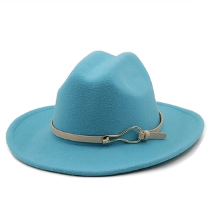 Sky blue vintage wool fedora hat with flat brim and cream leather band for women and men