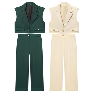 Ensemble Gilet Et Pantalon Large Femme Col Revers Simple Boutonnage Couleur Unie Tenue Bureau Décontractée