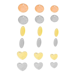 Polished stainless steel heart and round jewelry charms in gold, silver, and rose gold