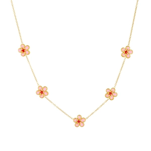 Gold-plated necklace with five pink enamel flower pendants and red centers