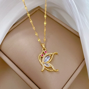 Titanium steel necklace with gold butterfly pendant featuring pink and clear zircons