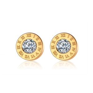 Roman Numeral Round Stud Earrings Titanium Steel Cubic Zirconia Inset Fashion Geometric Jewelry For Women Trendy