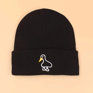 Winter black knit beanie featuring a cute embroidered cartoon duck on the folded cuff