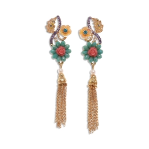 Boucles d'oreilles à fleurs vintage avec glands, verre de zircon et fleurs en résine