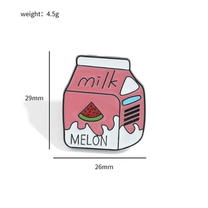 Detailed view of pink melon milk box enamel pin showing 29mm height and 26mm width dimensions