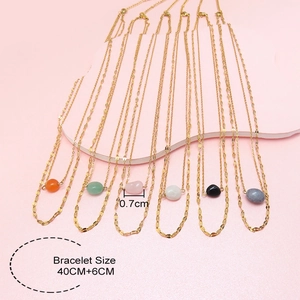 Double-layer gold titanium steel necklace with various natural stones for women