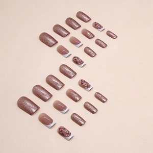 Sparkly rose pink butterfly square press-on nails set with glitter and French tip style