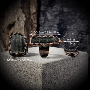 Vintage bronze adjustable ring set with raw natural green tourmaline crystal stones