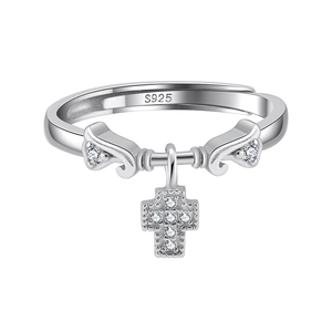 Elegant S925 sterling silver open ring with cross pendant and shimmering zircons