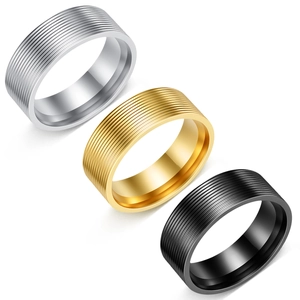 Three-piece set of 8mm titanium steel ribbed rings in silver, gold, and black colors