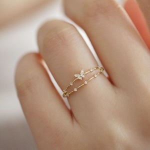 Double layer silver butterfly ring with small crystals and 18K gold plating for women