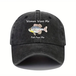 Detail of washed cotton baseball cap with Women Want Me Fish Fear Me print and fish art