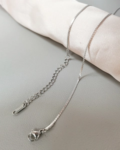 Detail of silver stainless steel chain with secure lobster clasp and extension link