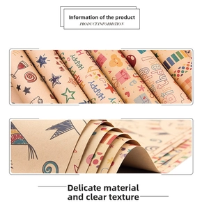 Detail of kraft paper gift wrap featuring cartoon icons and festive birthday text patterns