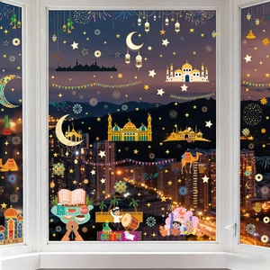 Star and Moon Ramadan window decals featuring gold mosques and lanterns for home decor