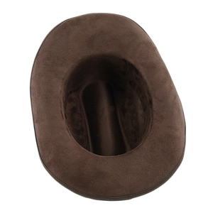 Top view of dark brown wide-brimmed cowboy hat showing premium faux suede texture