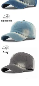 Detailed view of vintage washed denim baseball caps in light blue and grey colors