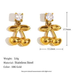 18K gold plated stainless steel cherry stud earrings with cubic zirconia crystals