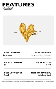 Detail of gold heart ring with lava texture showing adjustable band size and dimensions