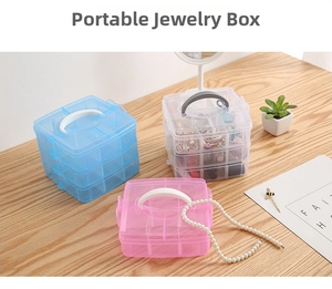 Three-layer portable jewelry box organizer with transparent compartments and a top handle