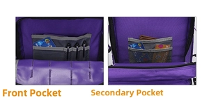 Detail of purple interior liner with pen slots and mesh compartments in tactical backpack