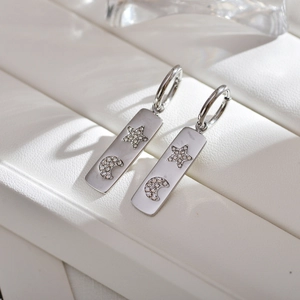 Chic stainless steel rectangular hoop earrings with celestial star and moon pavé crystals