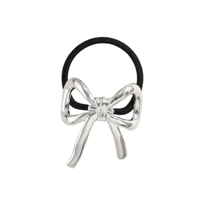 Minimalist silver bow hair tie with high elasticity black band on a clean white background