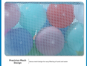 Detail of blue beach mesh bag showing fine water-draining mesh with colorful toy balls
