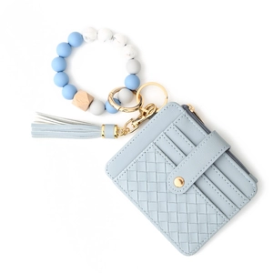 Light blue silicone bead wristlet with marble texture beads and PU leather card holder pouch
