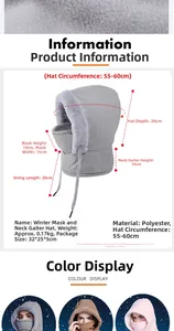 Detailed size specifications for winter windproof fleece hat with neck warmer and face mask