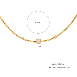 Detail showing dimensions of 40+5cm, 1.2cm pearl, and weight of 13g on steel necklace