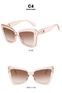 Detailed views of champagne cat eye sunglasses with gradient lenses and metal side hollows