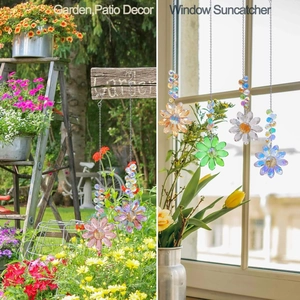 Detail of crystal suncatcher flower pendant hanging in garden and window for rainbow light