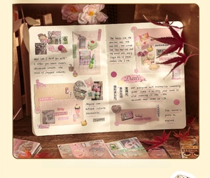 Detail of vintage aesthetics stickers featuring sakura and dessert icons for journaling